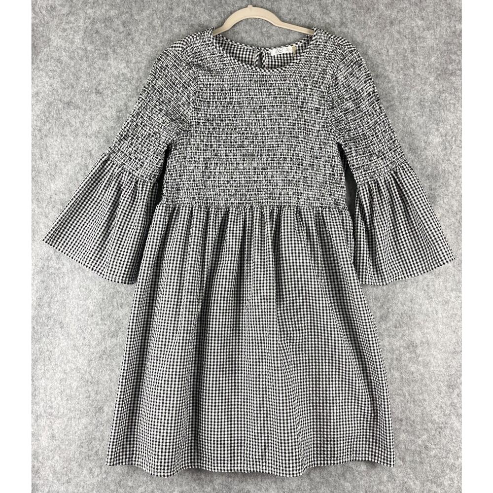 Vasna Gingham Dress‎ Womens Large Smocked 3/4 Bell Sleeve Seersucker